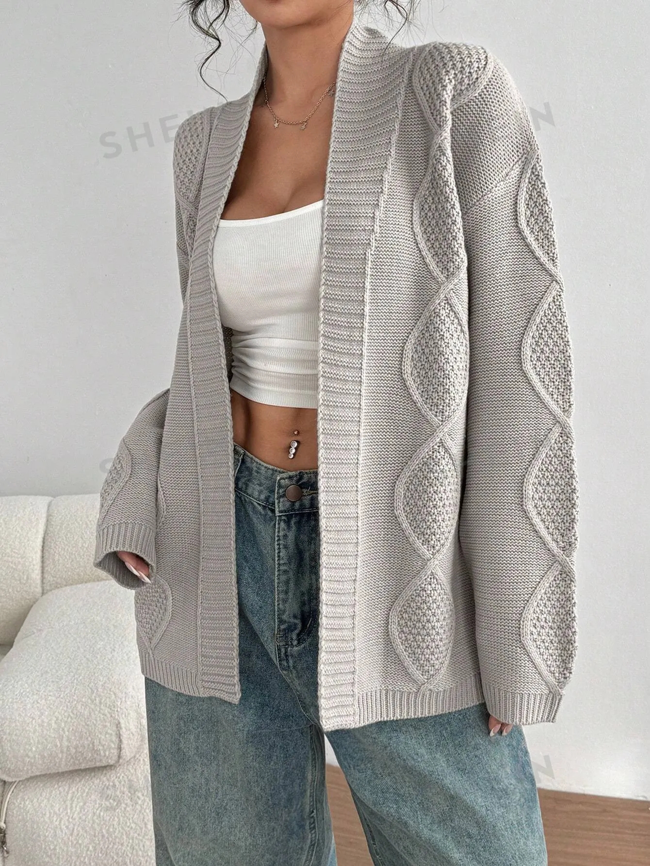 Sweetro Simple Casual Women's Grey Cable Knit Loose Long Sleeve Cardigan Sweater