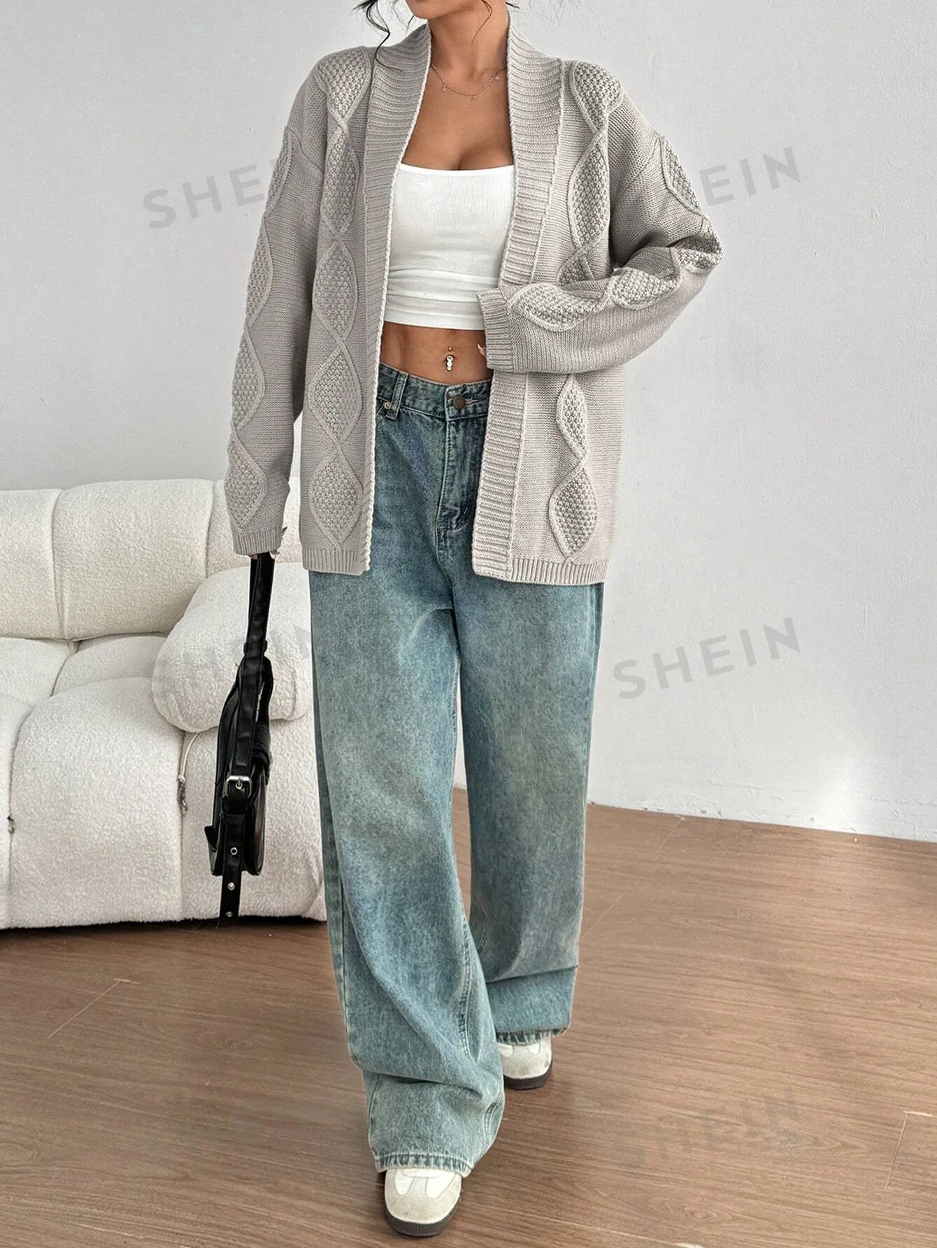 Sweetro Simple Casual Women's Grey Cable Knit Loose Long Sleeve Cardigan Sweater