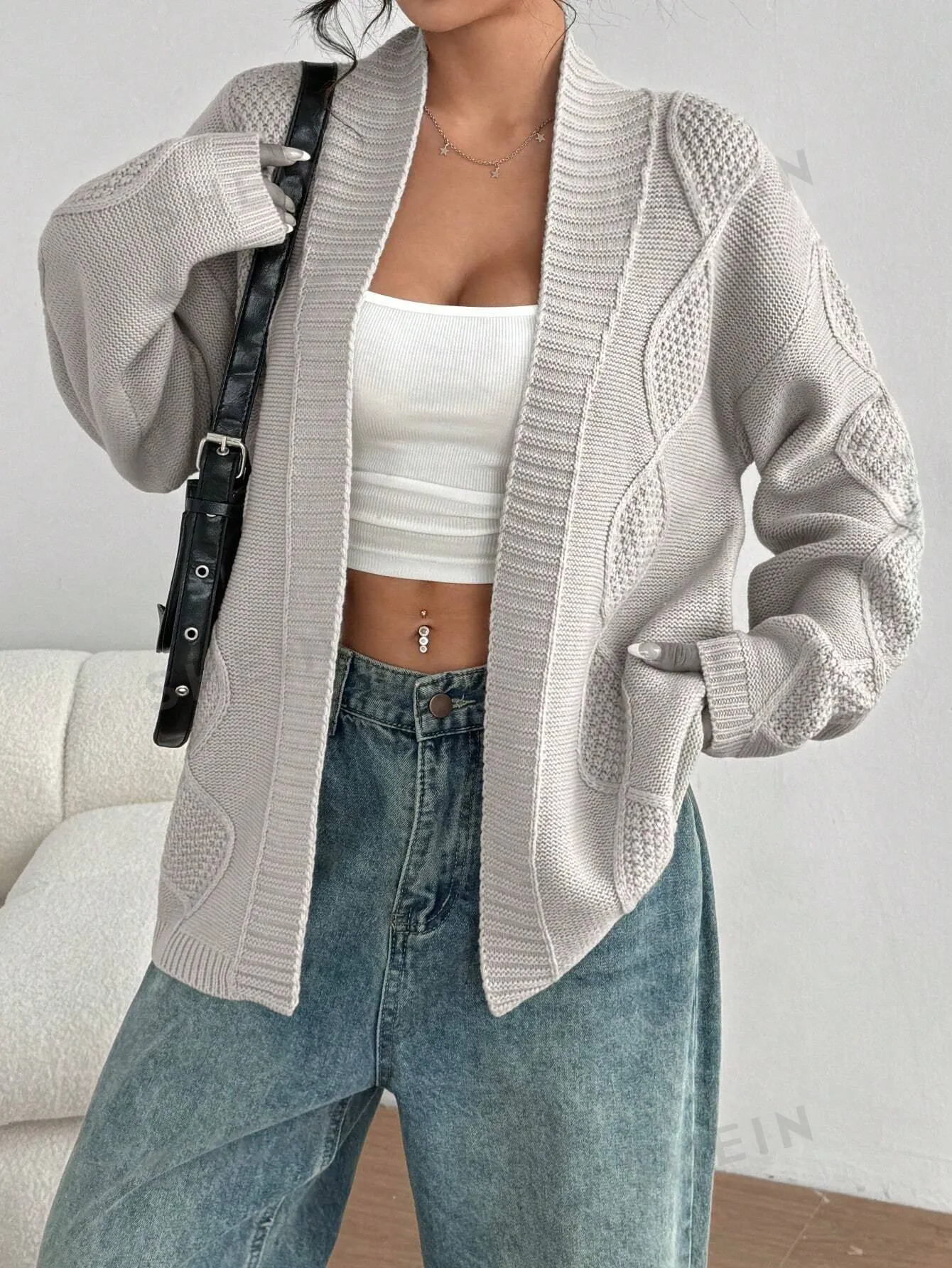 Sweetro Simple Casual Women's Grey Cable Knit Loose Long Sleeve Cardigan Sweater