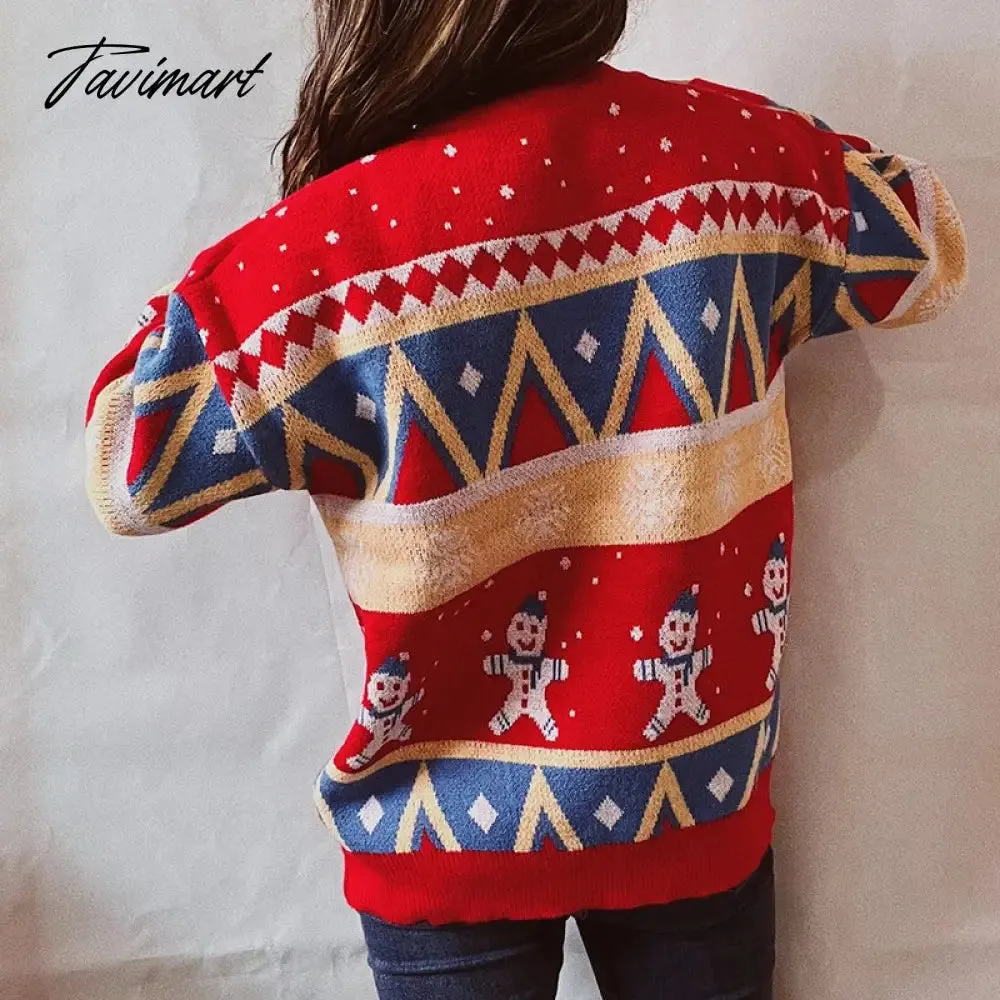Tavimart New Year Theme Snowman Print O-Neck Long Sleeve Pullover Tops Loose Vintage Knitted Sweaters Women Casual Christmas Sweater