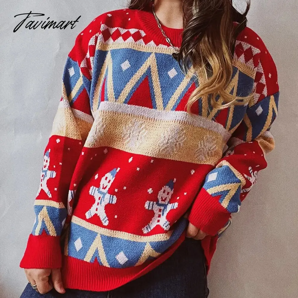 Tavimart New Year Theme Snowman Print O-Neck Long Sleeve Pullover Tops Loose Vintage Knitted Sweaters Women Casual Christmas Sweater