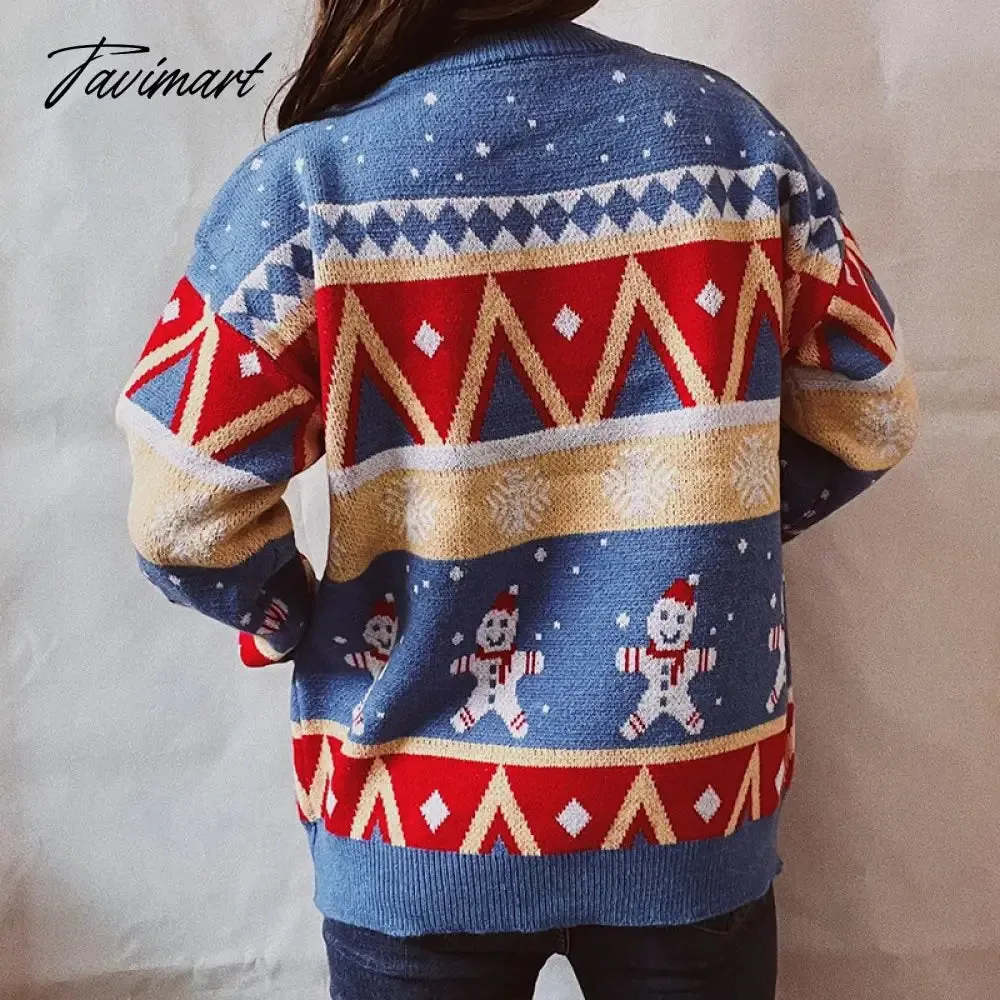 Tavimart New Year Theme Snowman Print O-Neck Long Sleeve Pullover Tops Loose Vintage Knitted Sweaters Women Casual Christmas Sweater