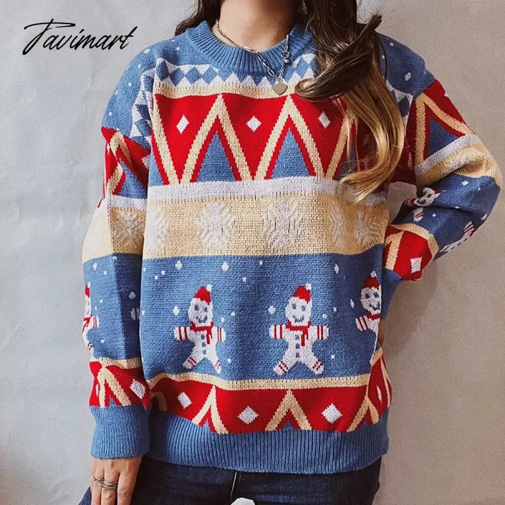 Tavimart New Year Theme Snowman Print O-Neck Long Sleeve Pullover Tops Loose Vintage Knitted Sweaters Women Casual Christmas Sweater