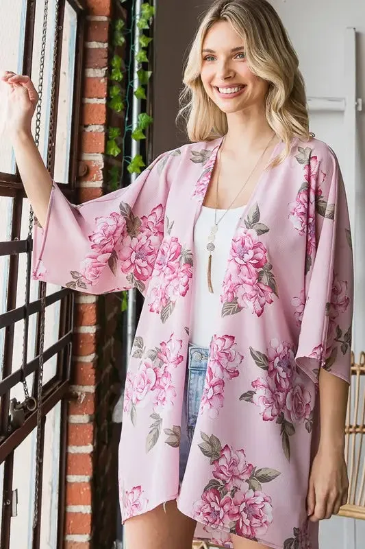 THREE QUARTER SLEEVE FLORAL PRINT OPEN CARDIGAN WITH SELF TIE DETAIL