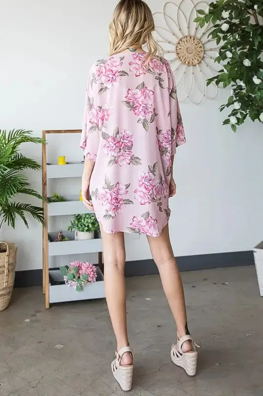 THREE QUARTER SLEEVE FLORAL PRINT OPEN CARDIGAN WITH SELF TIE DETAIL