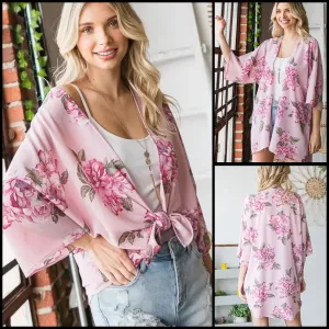 THREE QUARTER SLEEVE FLORAL PRINT OPEN CARDIGAN WITH SELF TIE DETAIL