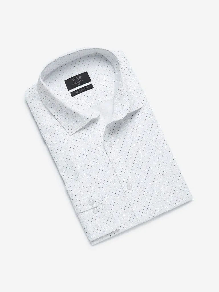 WES Formals White Slim-Fit Dotted Shirt