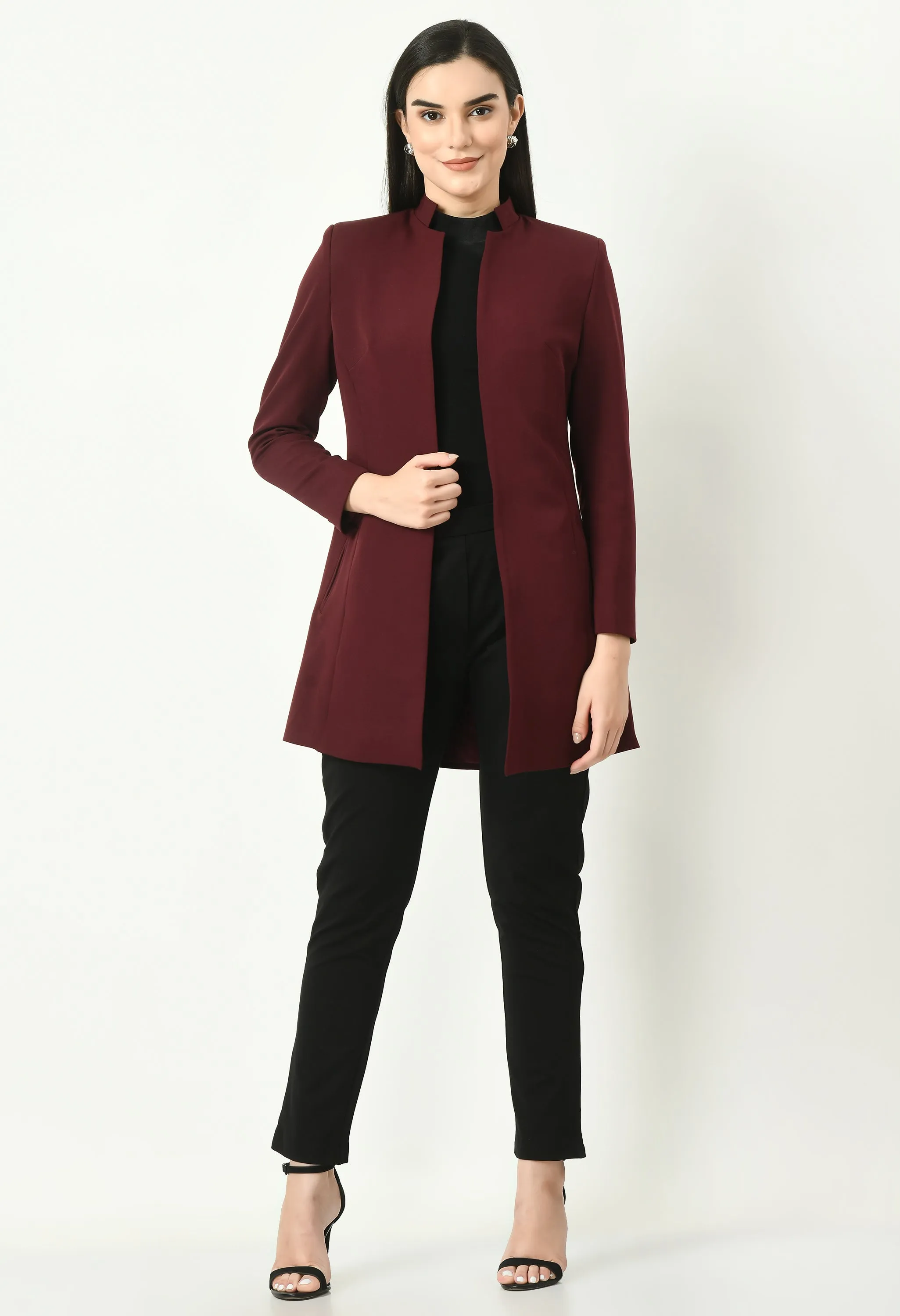 Wine Cotton Blend Supremacy Solid Long Coat