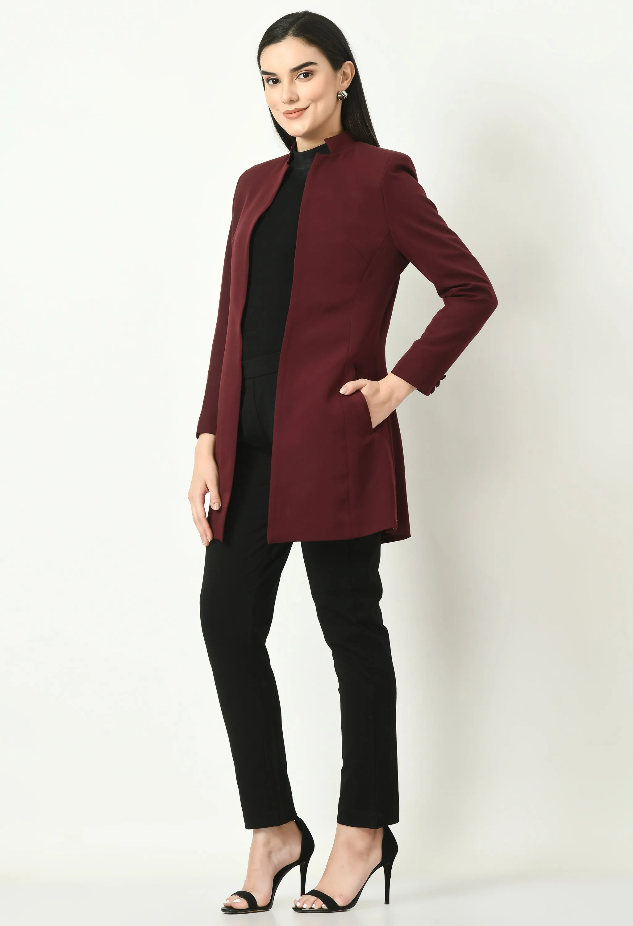 Wine Cotton Blend Supremacy Solid Long Coat