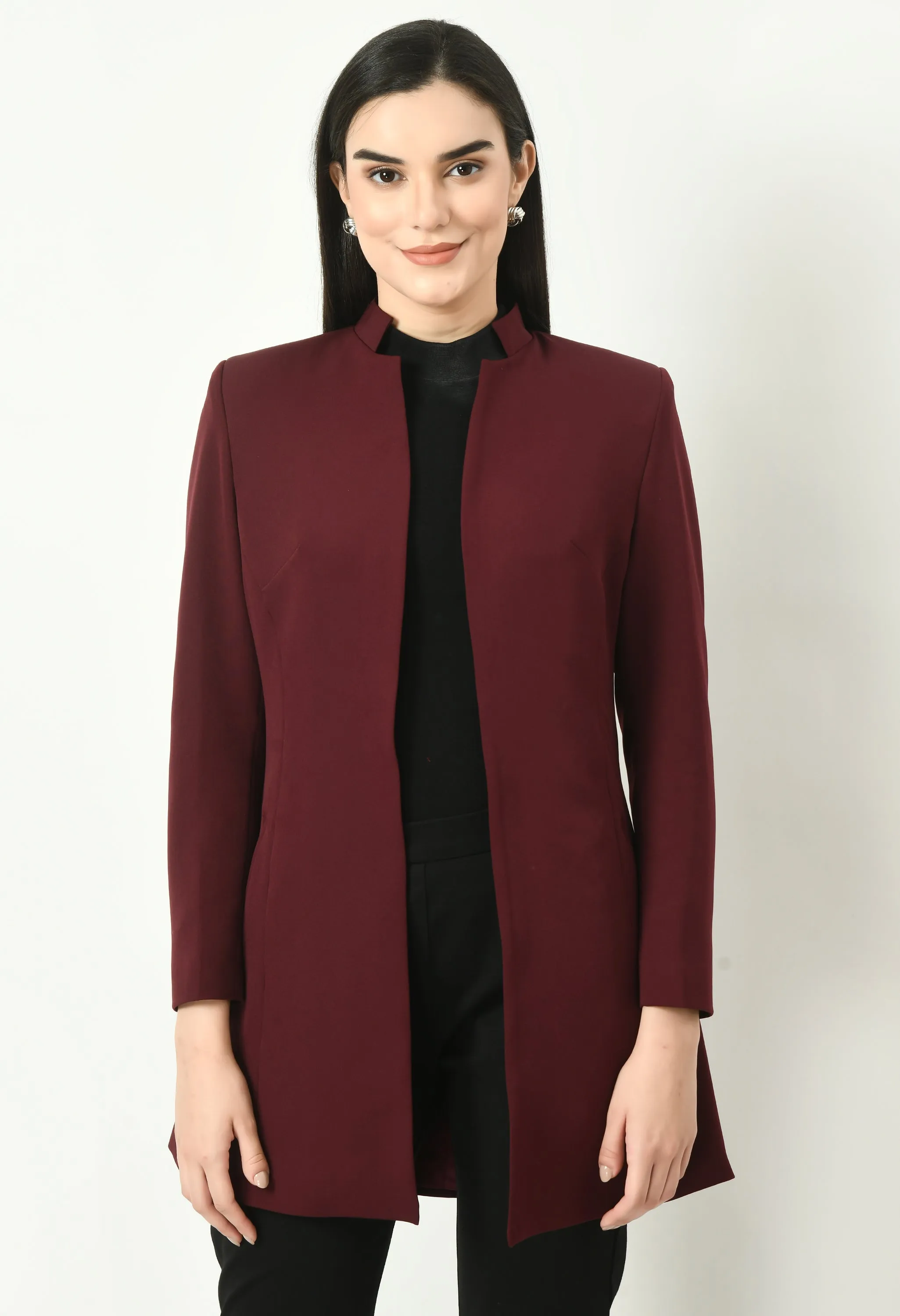 Wine Cotton Blend Supremacy Solid Long Coat