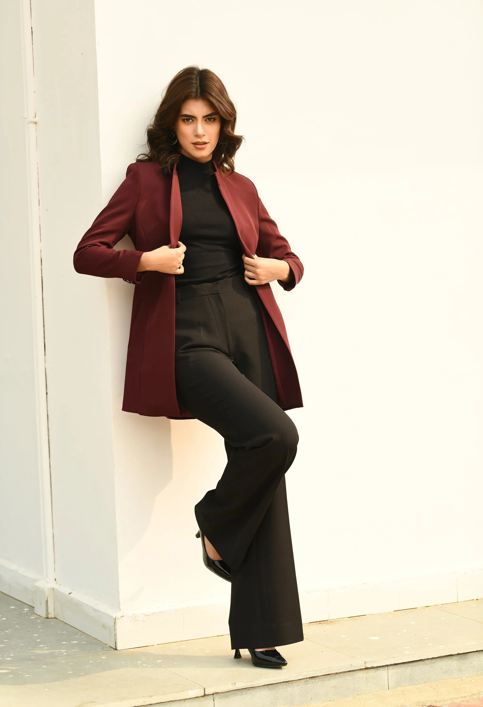 Wine Cotton Blend Supremacy Solid Long Coat