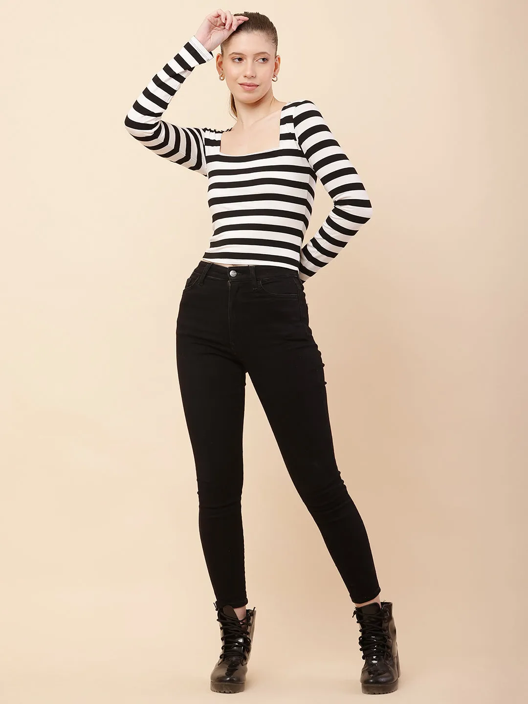 Women Black and White Striped Top