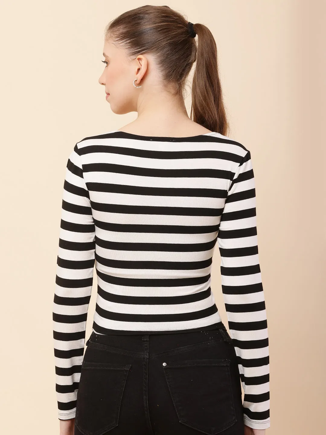 Women Black and White Striped Top