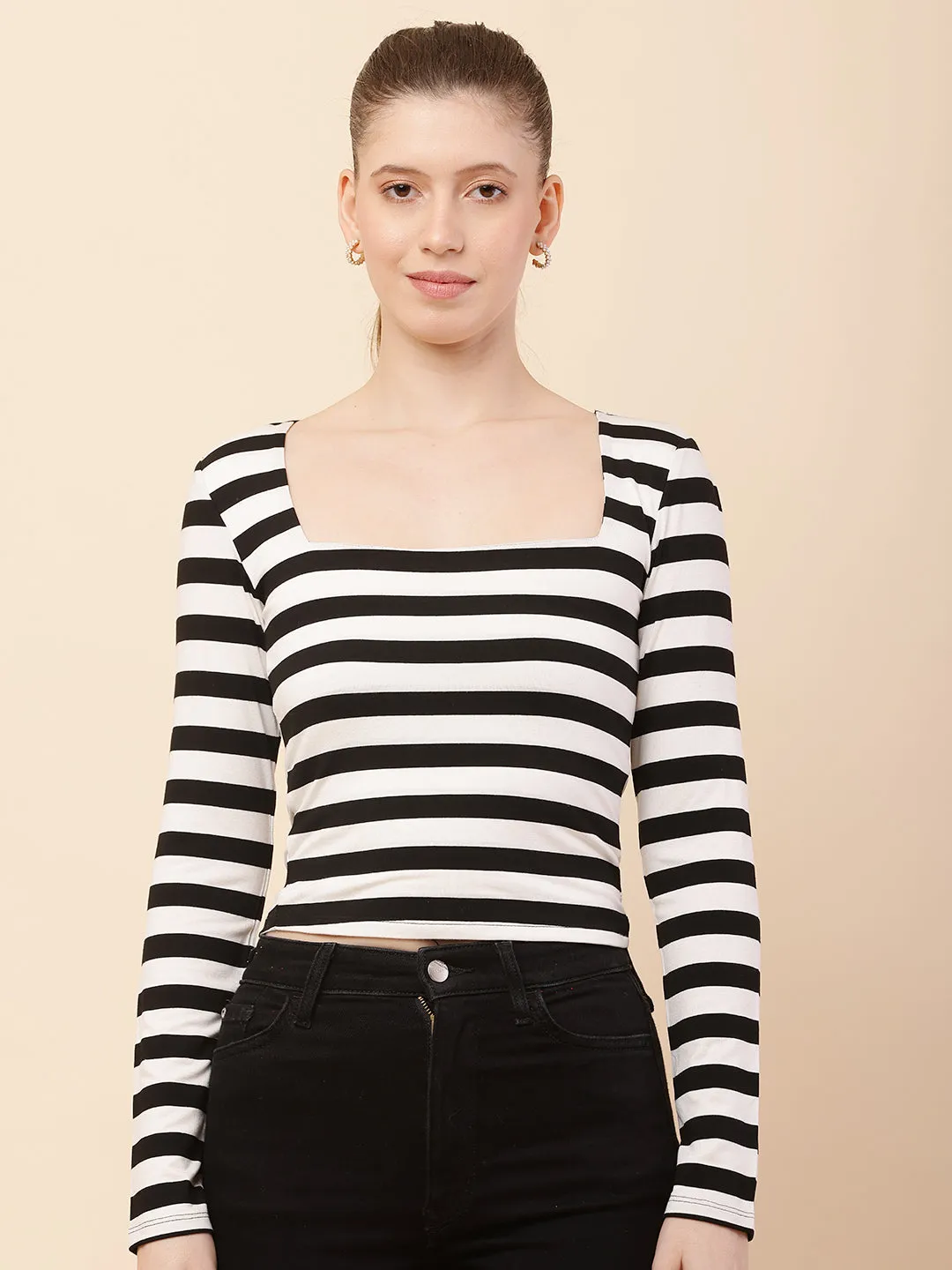Women Black and White Striped Top