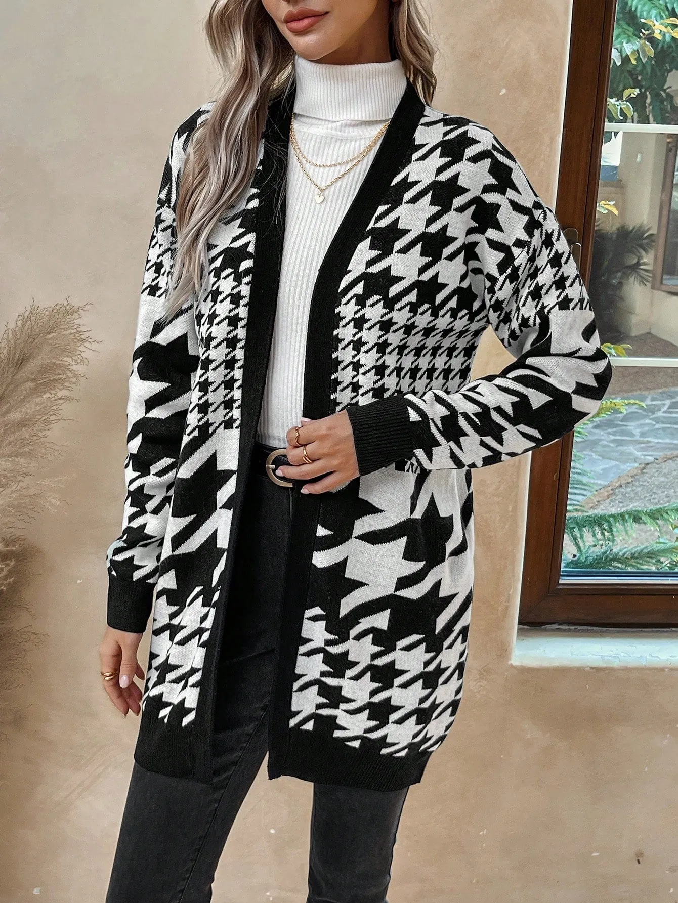 Women's Houndstooth Pattern Open Front Cardigan
