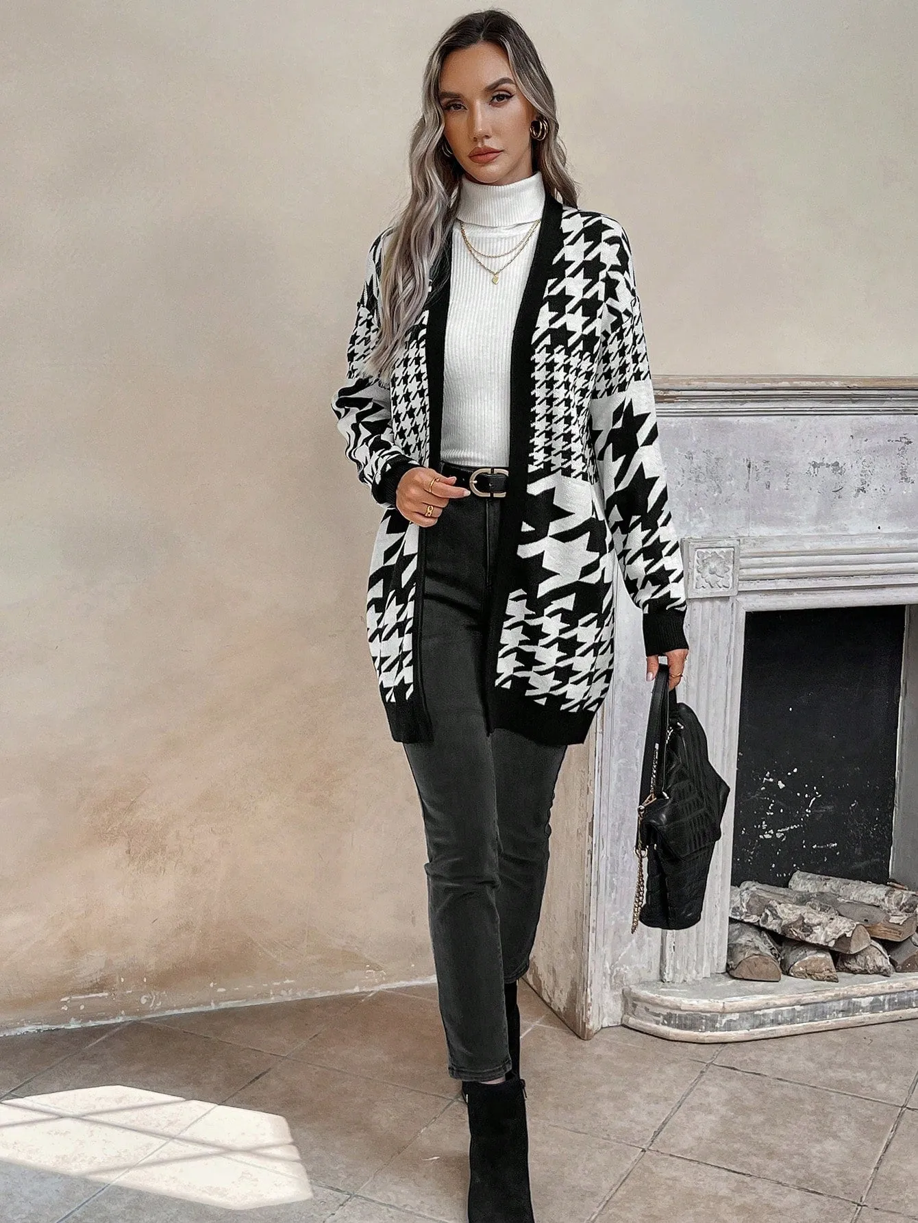 Women's Houndstooth Pattern Open Front Cardigan