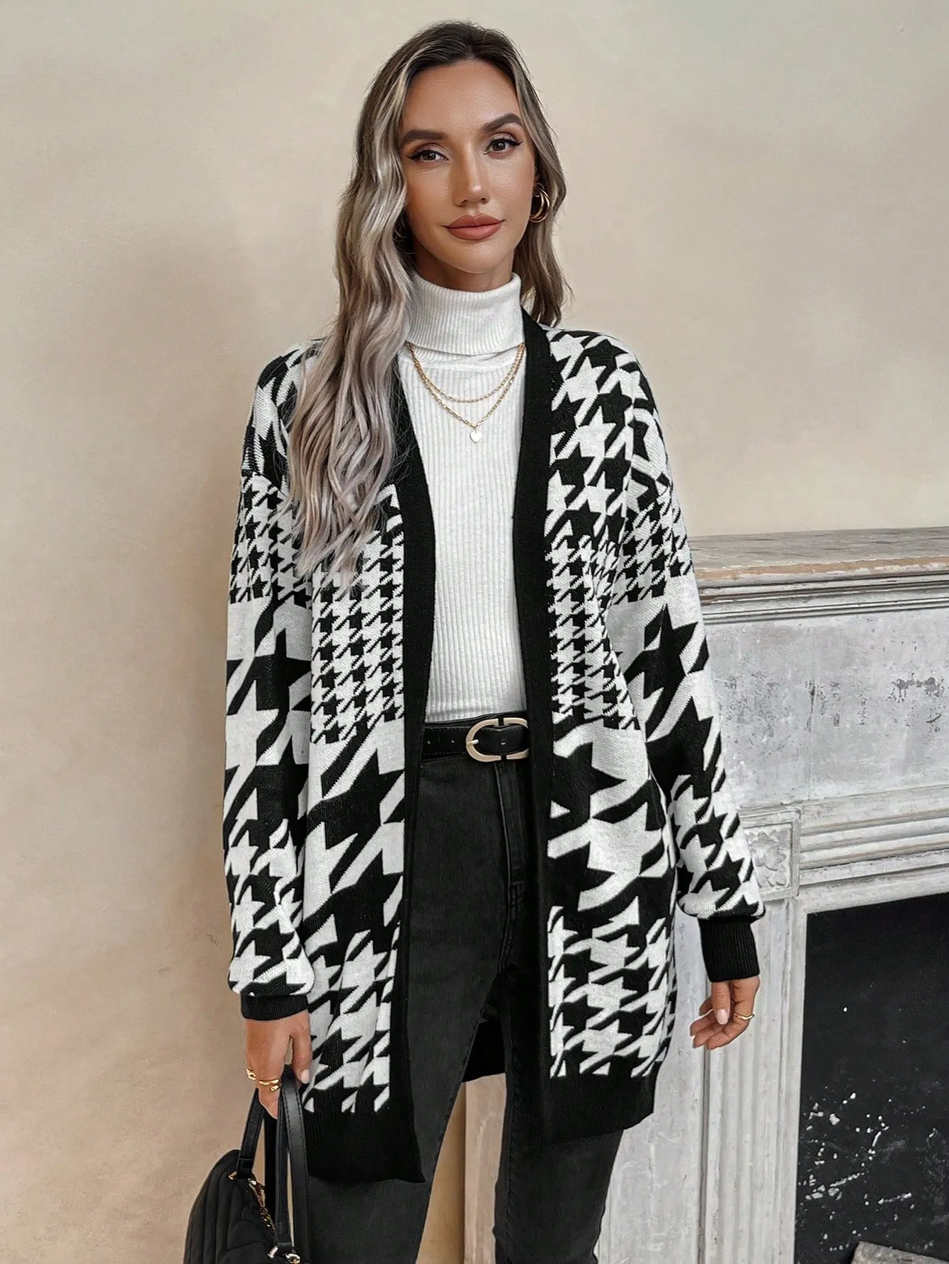 Women's Houndstooth Pattern Open Front Cardigan