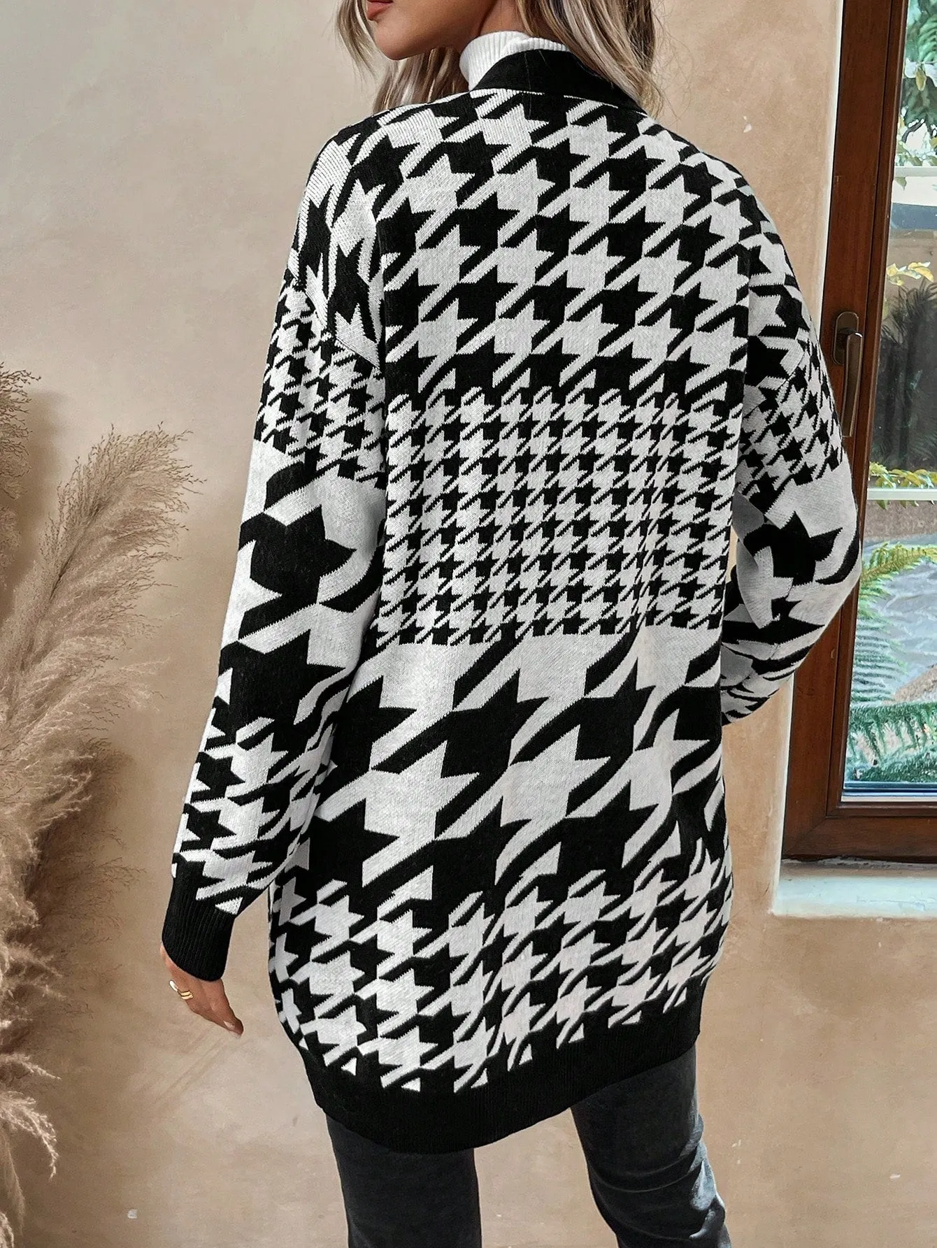 Women's Houndstooth Pattern Open Front Cardigan
