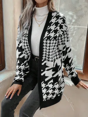 Women's Houndstooth Pattern Open Front Cardigan