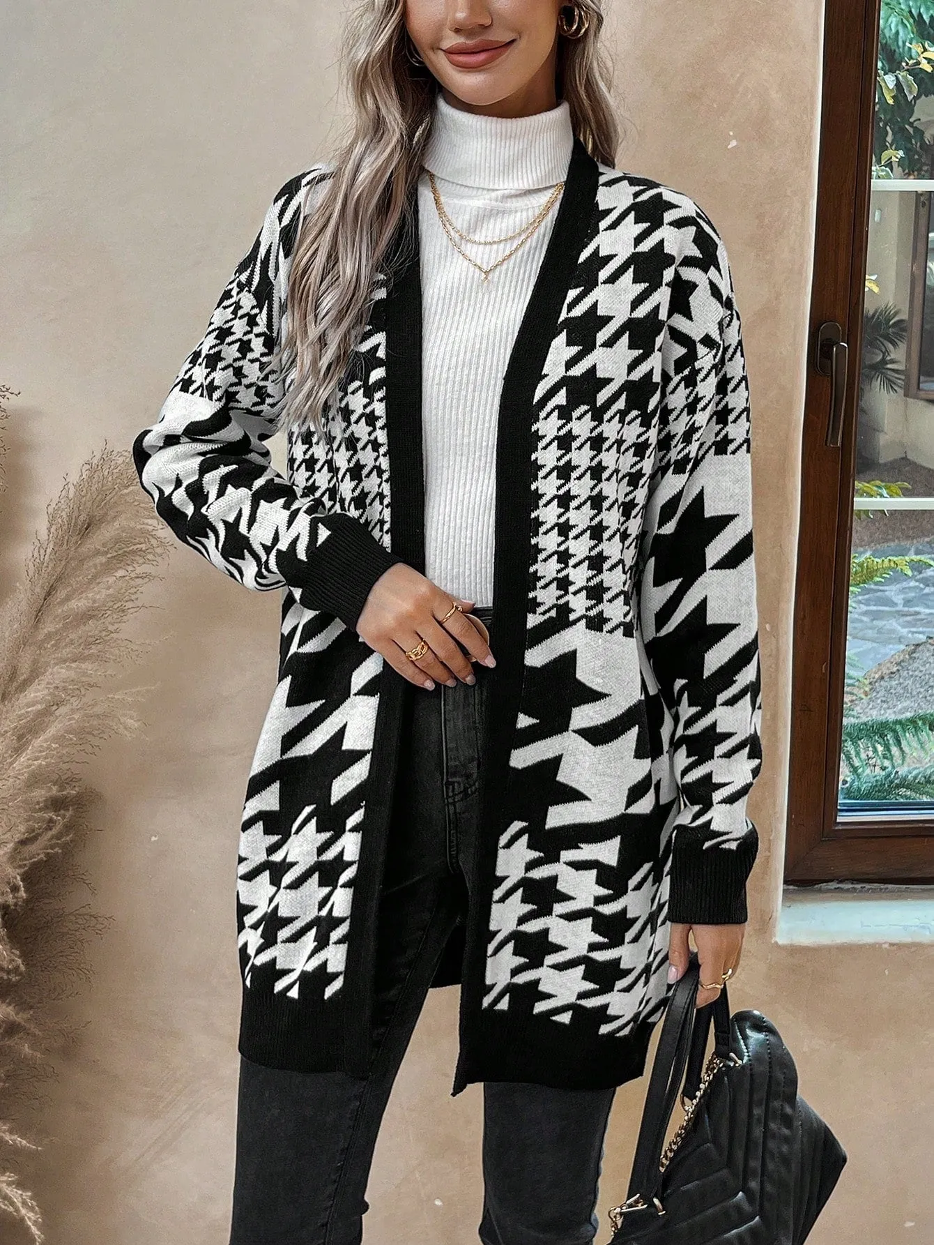 Women's Houndstooth Pattern Open Front Cardigan