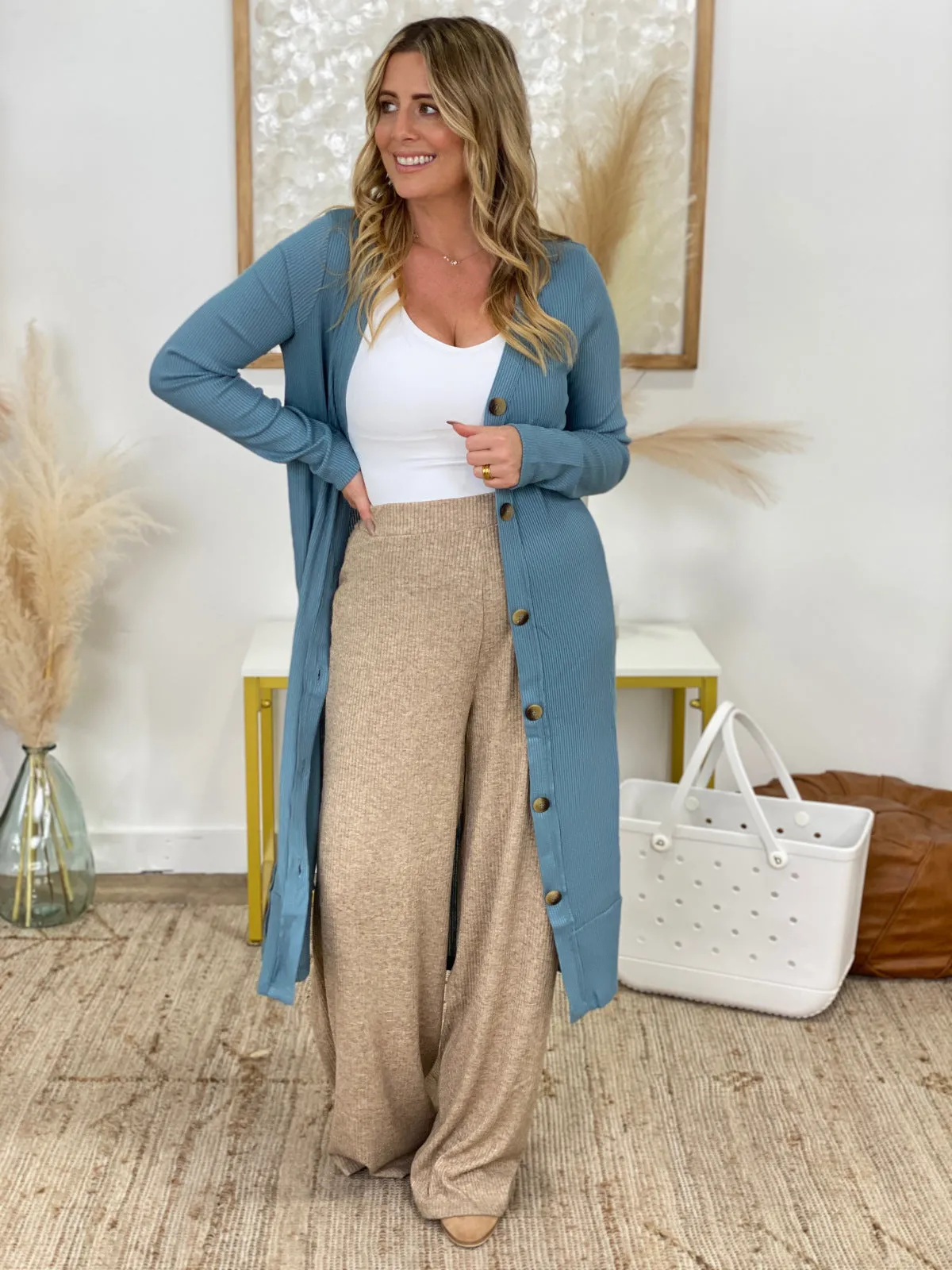 Zenana Button Down Solid Ribbed Long Cardigan