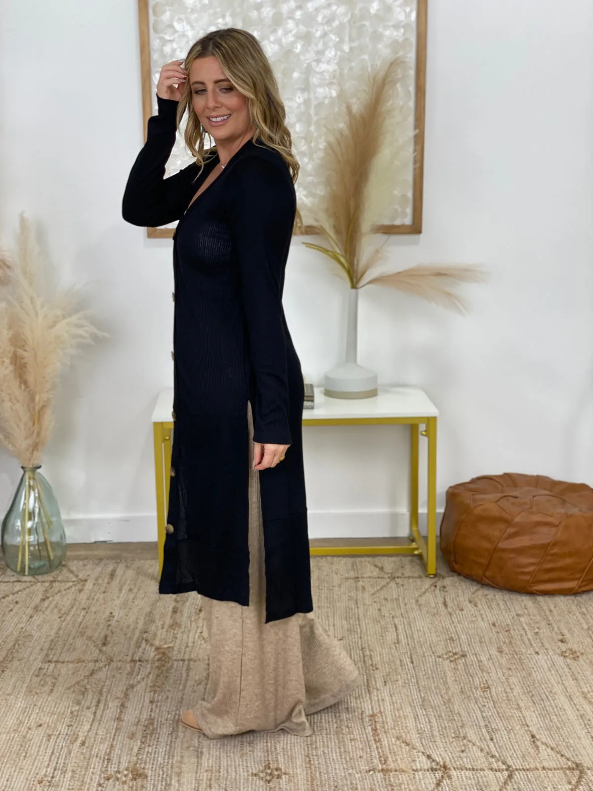 Zenana Button Down Solid Ribbed Long Cardigan